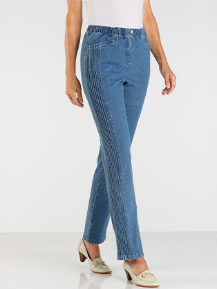 Woman wearing Paneled Stretch Waist Denim.