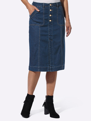 Woman wearing a denim button up skirt.