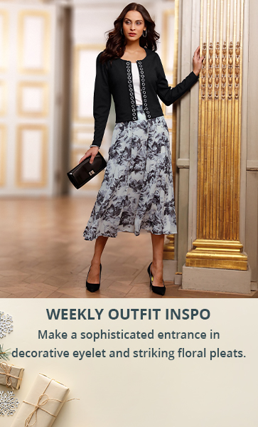 Make a sophisticated entrance in decorative eyelet and striking floral pleats.